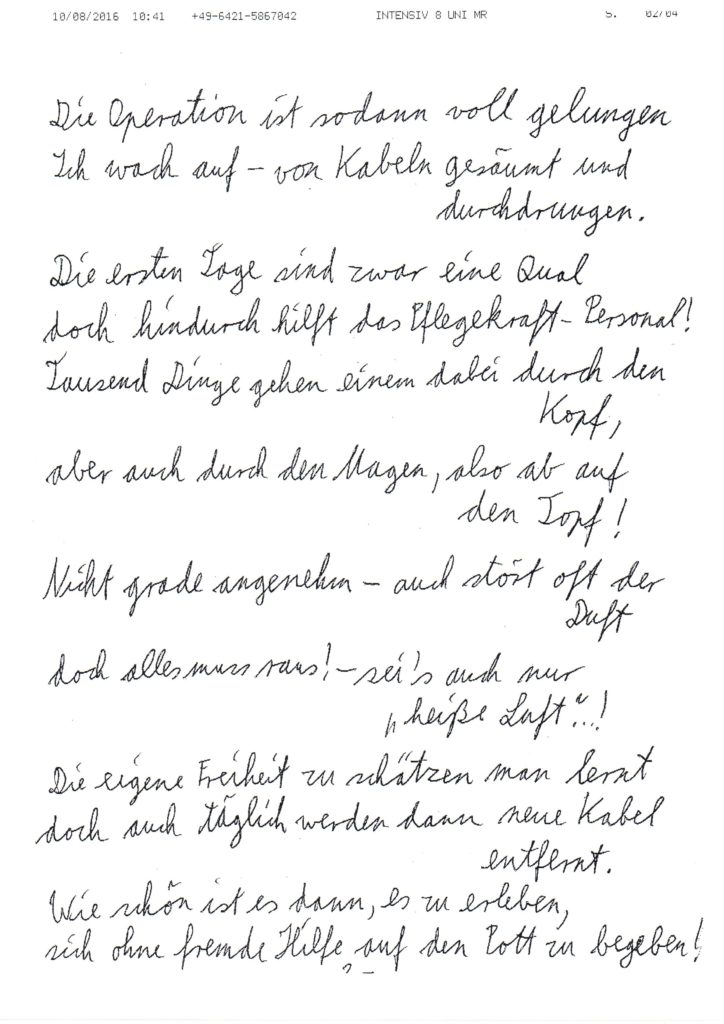 Gedicht von M. Görner, 45 J. 1 Woche nach seiner Nieren Transplantation in Marburg