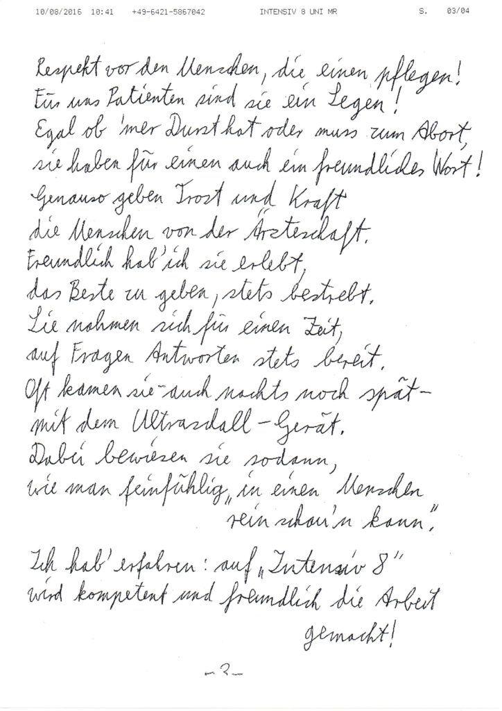 Gedicht von M. Görner, 45 J. 1 Woche nach seiner Nieren Transplantation in Marburg